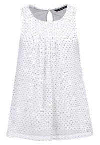 Witte mouwloze top met grijze stippen, voorzien van een geplooide voorkant en een keyhole sluiting aan de achterkant. Lichte, luchtige stof.