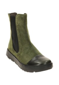 Green suede ankle boot with black elastic side panels and a black rubber toe cap. Flat sole with a textured finish.
