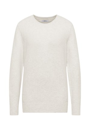 Hellbeige Strickpullover aus weichem Material. Mit Rundhalsausschnitt, langen Ärmeln sowie gerippten Bündchen und Saum. Schlichte, einheitliche Textur.