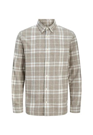 Camicia a maniche lunghe a quadri marrone e bianca, realizzata in tessuto testurizzato. Presenta un colletto con bottoni e una chiusura frontale con bottoni.