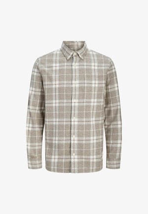 Pitkähihaista ruudullista paitaa ruskeassa ja valkoisessa, valmistettu teksturoidusta kankaasta. Ominaisuuksiin kuuluu nappikaulus ja etunappikiinnitys.