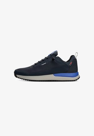 Dunkelblaue Sneakers mit einem strukturierten Mesh-Obermaterial, einer hellgrauen Zwischensohle und einem blauen Akzent an der Ferse. Flexible Gummisohle mit Profil.
