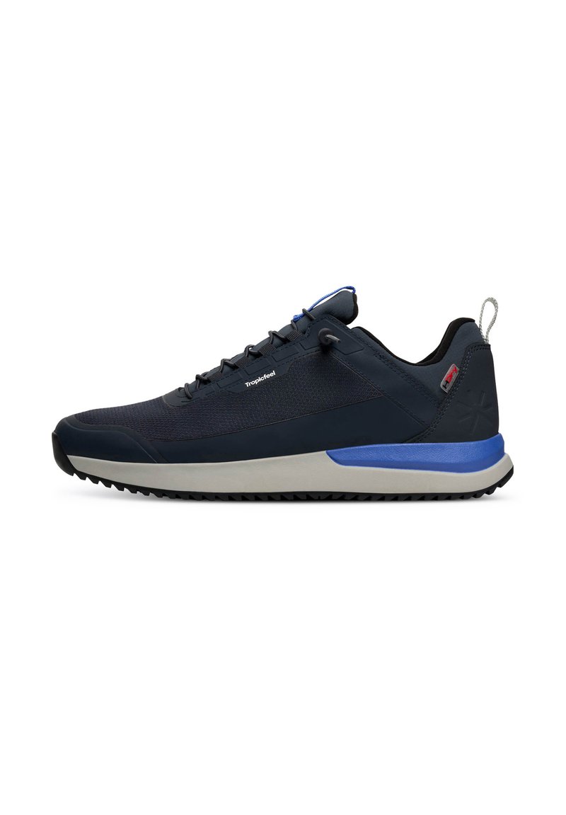 Dark blue sneakers feature a textured mesh upper, a light gray midsole, and a blue accent on the heel. Flexible rubber outsole with traction.