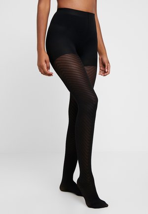Black tights with a chevron pattern. Opaque top section transitions to sheer with diagonal lines. Smooth texture, elastic waistband.