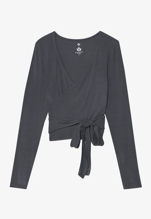 Dark gray long-sleeve wrap top made of soft, stretchy fabric with a V-neck and a tie detail at the waist for adjustment.