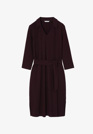 Long-sleeved dark burgundy dress with a collar, V-neckline, a fabric belt, side slits, and smooth texture.