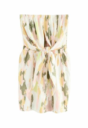 Trägerloses Kleid mit knotbarem Vorderteil, das ein mehrfarbiges Camouflage-Muster in pastellrosa, grün und gold auf einem hellen Hintergrund zeigt. Elastischer Taillenbund.
