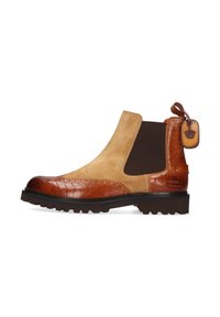 Beige Wildleder- und braune Krokodilprägung Leder-Ankle Boots mit elastischen Seitenpaneelen, schützendem Zehenschutz und strukturiertem Gummisohle. Mit einem signierten Etikett.