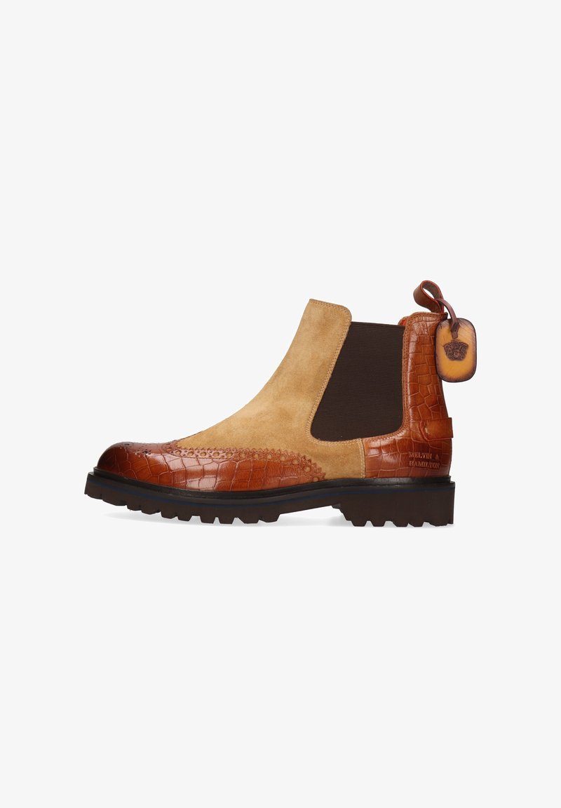 Beige Wildleder- und braune Krokodilprägung Leder-Ankle Boots mit elastischen Seitenpaneelen, schützendem Zehenschutz und strukturiertem Gummisohle. Mit einem signierten Etikett.