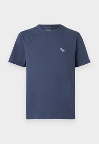Námornícky modré bavlnené tričko s okrúhlym výstrihom a krátkymi rukávmi, s malým bielym vyšitým logom na ľavej hrudi.