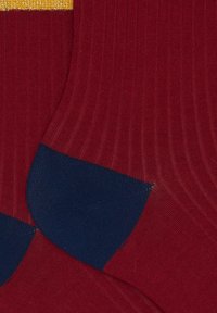 Calzini a coste rossi con tallone e punta blu navy, caratterizzati da una striscia verticale dorata nella parte superiore. Texture morbida e design aderente.