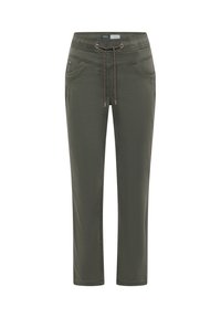 Pantalon décontracté vert olive avec ceinture élastique, cordon de serrage, poches avant et coupe droite.