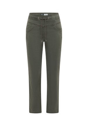 Pantalon décontracté vert olive avec ceinture élastique, cordon de serrage, poches avant et coupe droite.