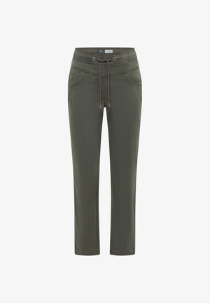 Pantalon décontracté vert olive avec ceinture élastique, cordon de serrage, poches avant et coupe droite.