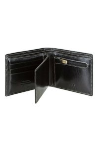Bi-fold portemonnee gemaakt van zwart leer met witte stiksels. Beschikt over meerdere kaartsleuven en een ritsvak voor munten. Gladde textuur.