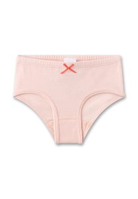 Hellrosa Baumwoll-Slip mit weicher Textur, ausgestattet mit einem elastischen Bund, einer dekorativen roten Schleife und abgesteppten Nähten für Struktur.