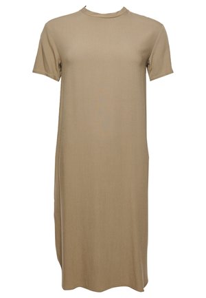 Robe beige longueur genou avec manches courtes et col rond, en tissu doux et léger, présentée sur fond blanc.