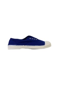 Bottines en toile bleu à enfiler avec une semelle en caoutchouc blanc texturé et cinq œillets en métal, présentant un bout rond et un design minimaliste.