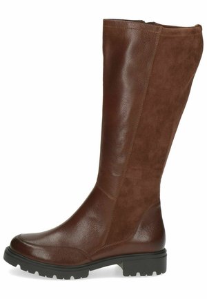 Braune kniehohe Stiefel aus Leder und Wildleder, mit strukturiertem Finish, Gummisohle und einer eleganten Silhouette mit minimaler Nahtführung.