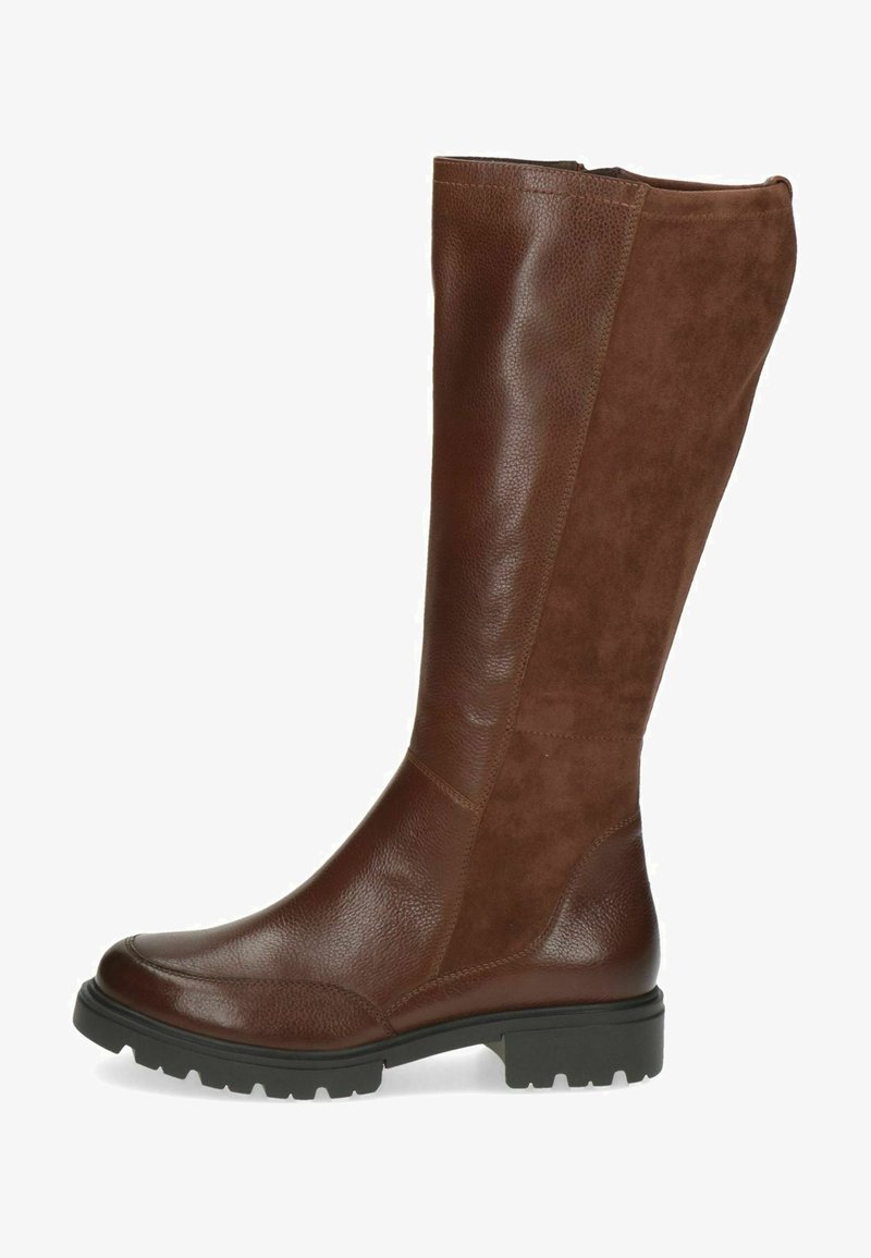 Braune kniehohe Stiefel aus Leder und Wildleder, mit strukturiertem Finish, Gummisohle und einer eleganten Silhouette mit minimaler Nahtführung.