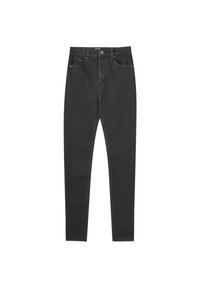 Jean skinny noir taille haute avec fermeture à bouton et zip sur le devant, passants de ceinture et style cinq poches, posé à plat sur fond blanc.