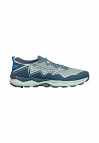 Zapatillas de running para hombres con un diseño en gris claro y azul marino, que cuentan con una parte superior texturada, patrón de zigzag y suela Vibram.