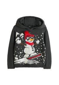 Dunkelgrauer Kapuzenpullover mit einem Schneemann, der eine rote Mütze und einen Schal trägt und im fallenden Schnee Ski fährt.