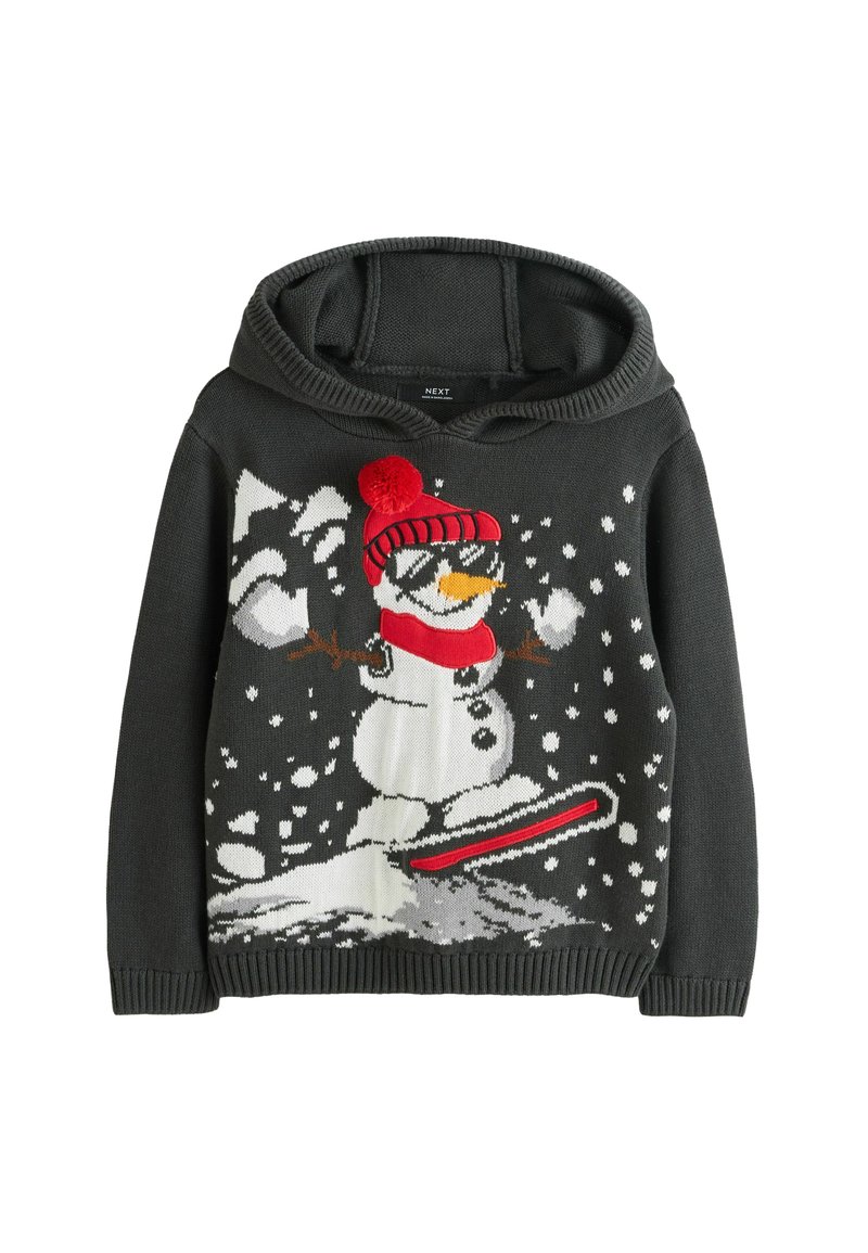 Dunkelgrauer Kapuzenpullover mit einem Schneemann, der eine rote Mütze und einen Schal trägt und im fallenden Schnee Ski fährt.