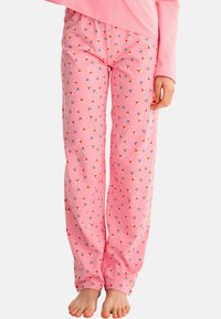 Pantalons de pyjama roses avec un motif de petits renards rouges et de fleurs bleues. Fabriqués en tissu doux, avec une taille élastique et des jambes droites.