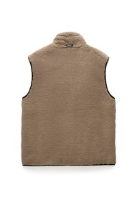 Brown fleece vest with a high collar, textured surface, and black trim along the edges. Features a plain back without pockets or fasteners.