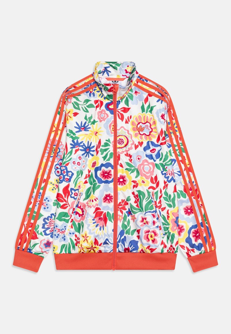 Blommönstrad zip-up jacka i ett lättviktstyg. Har en hög krage, orange detaljer och tre ränder längs ärmarna.