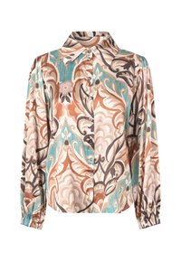 Blouse en satin avec des boutons présentant un motif floral et abstrait dans les tons beige, marron, teal et rose clair ; comprend des manches froncées et un col.