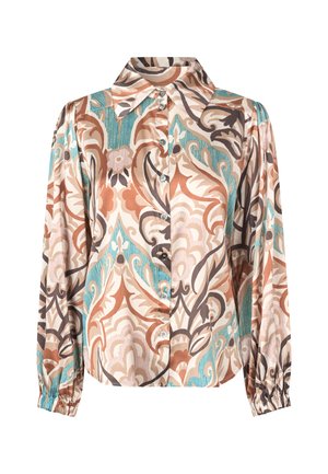 Blusa button-up in seta con un motivo floreale e astratto nei toni del beige, marrone, teal e rosa chiaro; Include maniche arricciate e un colletto.