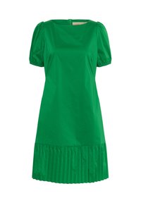 Zelena bombažna obleka s prilegajočim bodijem, napihnjenimi rokavi in plisiranim robom z volančki. Ima okroglo ovratnico in zadrgo na hrbtni strani.