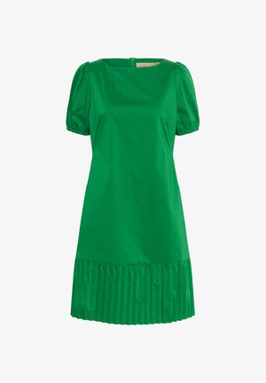 Robe en coton vert avec un bustier ajusté, des manches bouffantes et un ourlet à volants plissés. Elle présente un col rond et une fermeture éclair au dos.