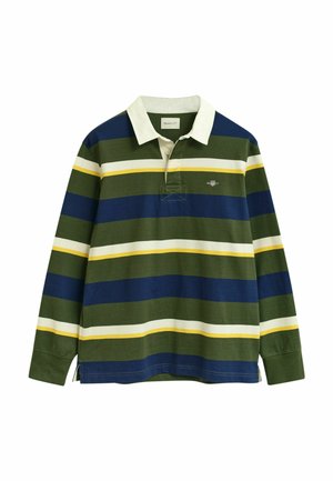 La camiseta polo de manga larga presenta rayas horizontales en verde, azul marino, blanco y amarillo. Tejido de algodón, cuello clásico y detalle del logo en el pecho.