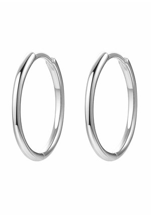 Srebrne kolczyki w kształcie okręgów z gładkim, zaokrąglonym designem. Posiadają polerowane wykończenie i bezszwowe zapięcie. Średni rozmiar, prosty i elegancki kształt.