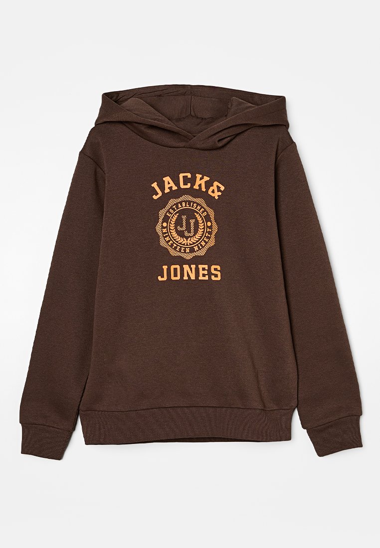Felpa marrone realizzata in un morbido tessuto testurizzato. Presenta una tasca a marsupio, un cappuccio regolabile e una stampa grafica arancione con la scritta "JACK&JONES" sul petto.