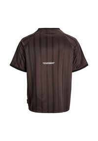 Short-sleeve dark brown athletic jersey featuring vertical stripes, a crew neckline, and printed text on the back. Smooth, lightweight fabric.