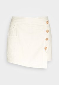 Jupe blanche en A avec encolure cache-cœur, en coton, dotée d'une poche latérale et de cinq boutons beiges sur le devant. Texture lisse, design décontracté.