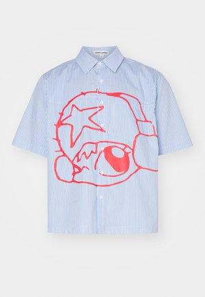 Short-sleeve button-up shirt featuring light blue and white stripes, with a prominent red graphic design including a star and circular shapes.