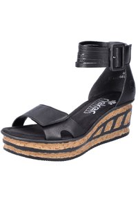 Zwarte wedge-sandaal met een verstelbare enkelband, leren bovenwerk, gevoerd voetbed en textuur schokdempende kurken zool. Voorzien van klittenbandsluiting.