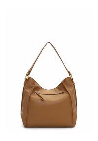 Hnědá kožená kabelka typu hobo s zakřiveným tvarem, texturovaným povrchem, jedním ramenním popruhem a přední kapsou na zip. Zlato tónované kovové doplňky.