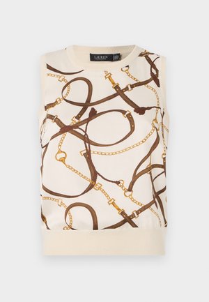 Beżowy top bez rękawów w brązowy, złoty i czarny wzór łańcucha i liny; posiada prążkowany dekolt i dół. Gładki, lekki materiał.