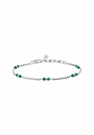 Bracciale a catena d'argento con perle verdi distribuite uniformemente e piccoli accenti dorati, chiuso con una chiusura a moschettone e anelli regolabili.