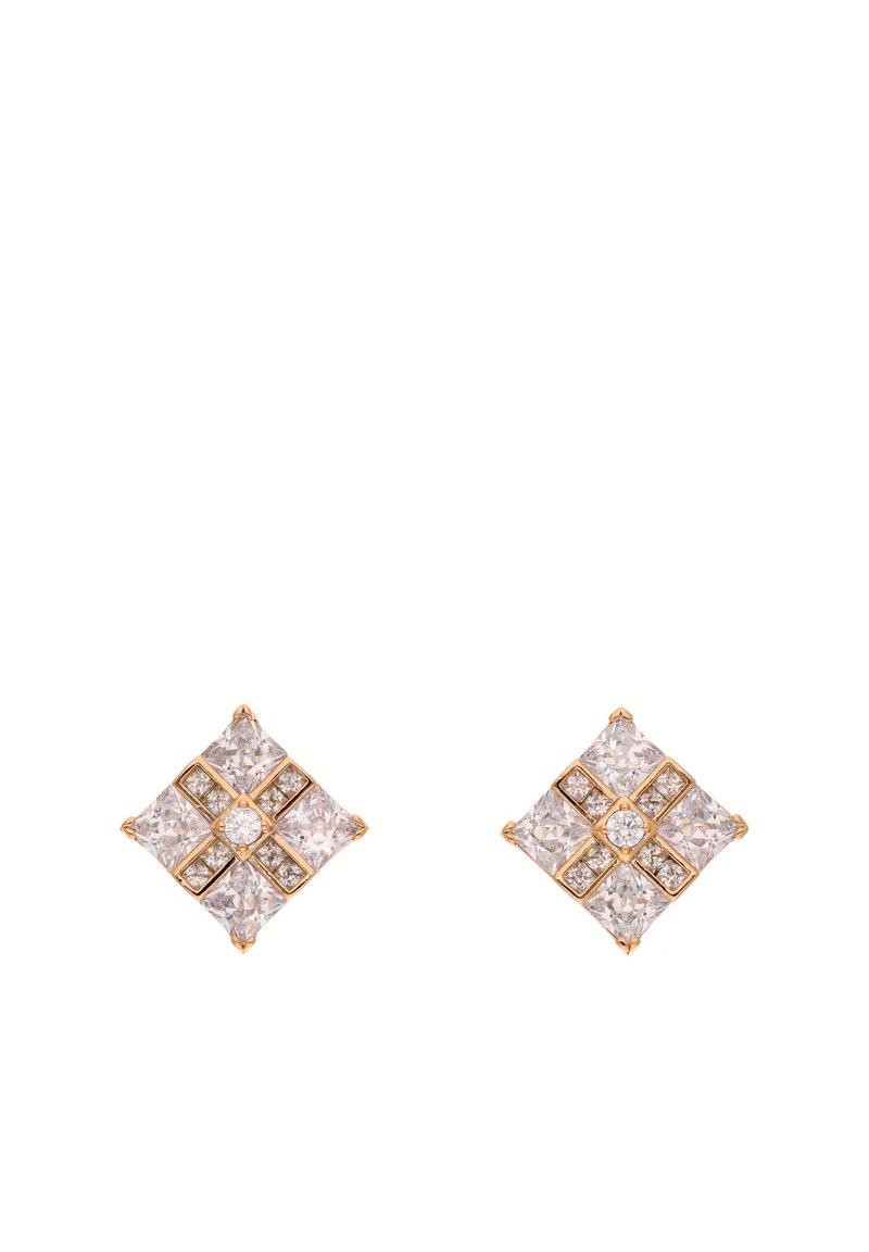 Orecchini a bottone quadrati in tonalità oro con motivo a diamante e zirconi trasparenti scintillanti disposti a forma di croce.