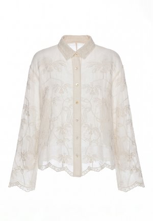 Transparente cremefarbene Langarmbluse mit bestickten Blumenmustern, gewelltem Saum und durchgehender Knopfleiste mit spitzem Kragen.