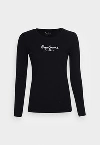 Black long-sleeve fitted shirt with round neckline and white "Pepe Jeans London" logo centered on the chest.
