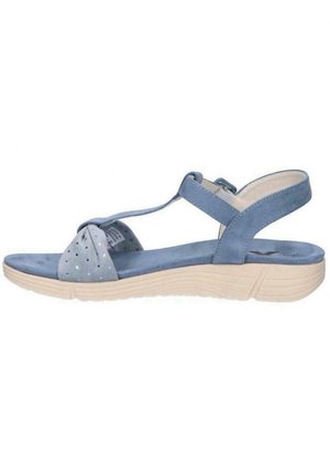 Sandal blu in suede con dettagli perforati, cinturini regolabili e suola testurizzata beige. Il designcurvo migliora comfort e stabilità.