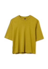T-shirt a maniche corte, con collo rotondo, di colore giallo senape. Tessuto morbido e leggero con una vestibilità rilassata e orlo dritto. Nessun motivo o decorazione visibile.